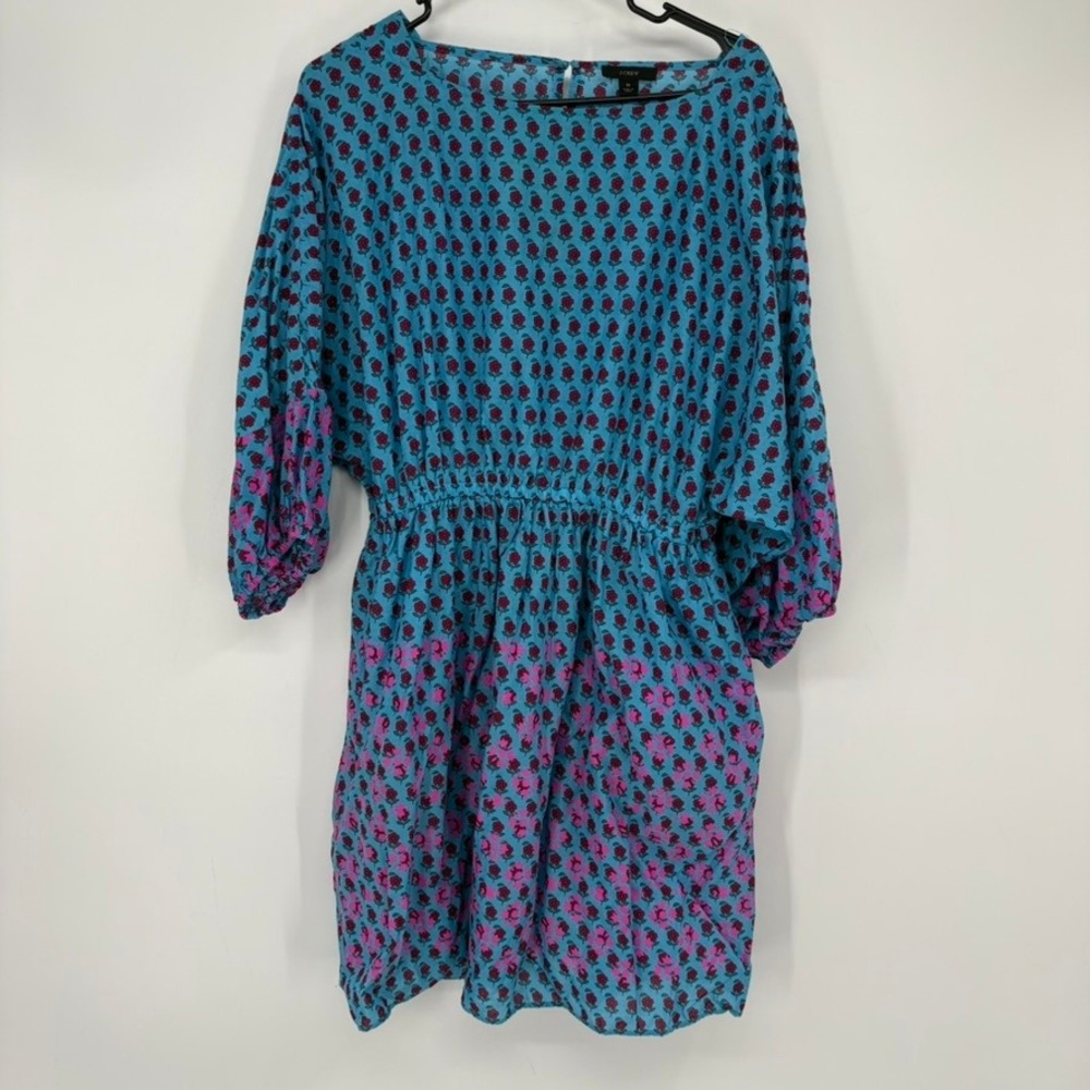 J.Crew Dress Womens M Blue Floral Block Print Elastic Waist Dolman Mini Pocket